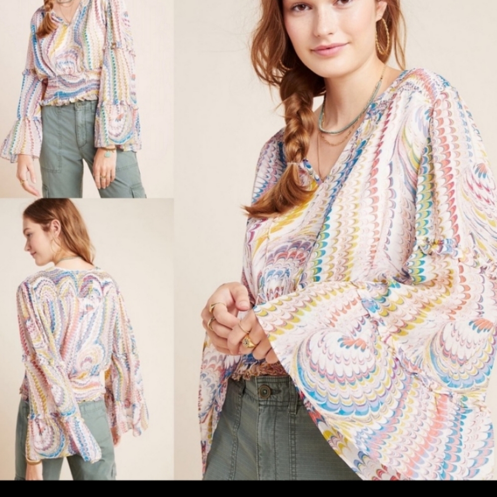 Maeve Anthropologie Jessa peasant bell sleeve smocked abstract